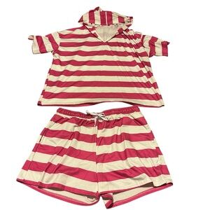 Striped Pink and White hooded shirt and shorts Set